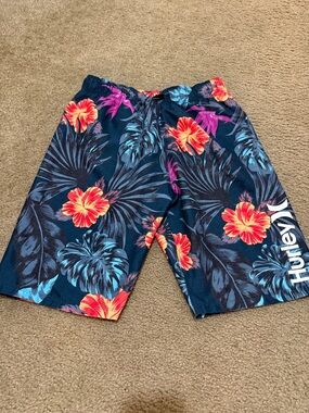 Hurley Navy Board Shorts with Red & Teal Floral Print Boys Large